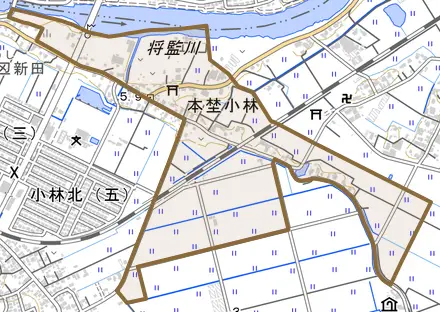 本埜小林とその周辺の地図。町の範囲を重ねている