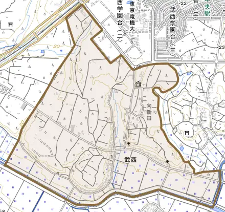 武西とその周辺の地図。町の範囲を重ねている
