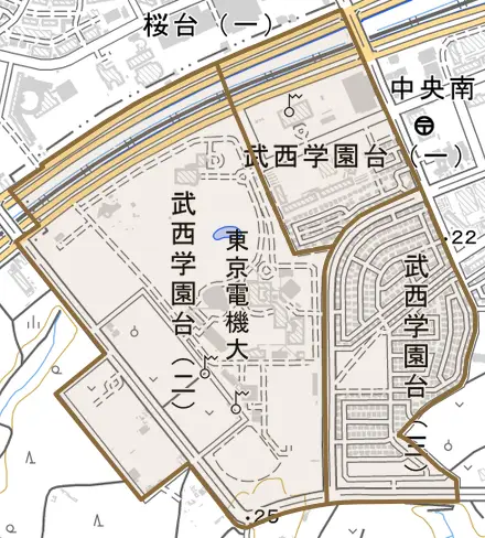 武西学園台とその周辺の地図。町の範囲を重ねている