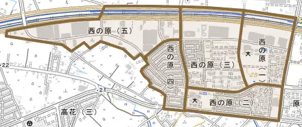 西の原とその周辺の地図。町の範囲を重ねている