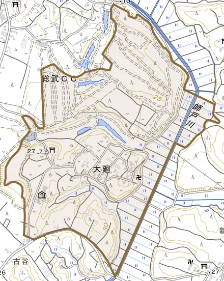 大廻とその周辺の地図。町の範囲を重ねている