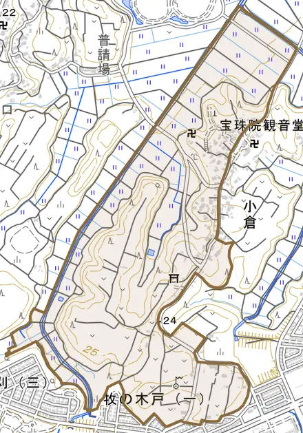 小倉とその周辺の地図。町の範囲を重ねている
