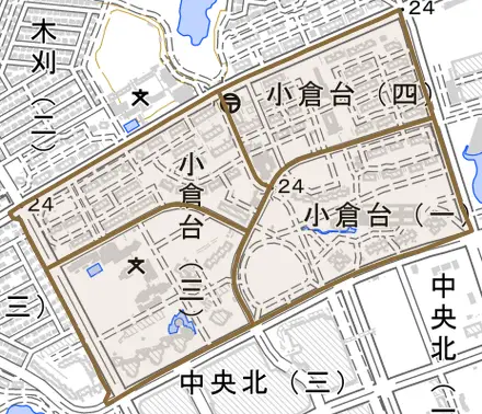 小倉台とその周辺の地図。町の範囲を重ねている