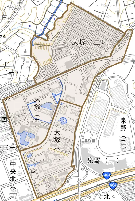 大塚とその周辺の地図。町の範囲を重ねている