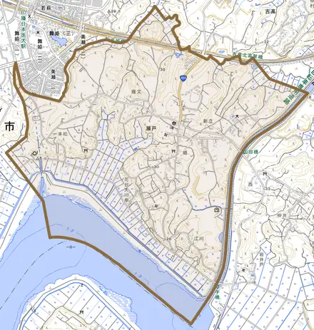瀬戸とその周辺の地図。町の範囲を重ねている