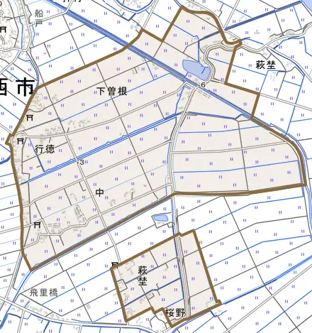 下曽根とその周辺の地図。町の範囲を重ねている