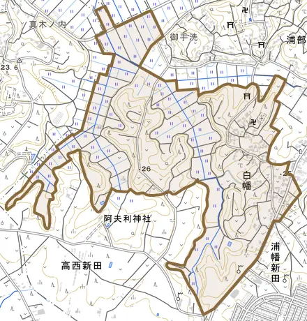 白幡とその周辺の地図。町の範囲を重ねている