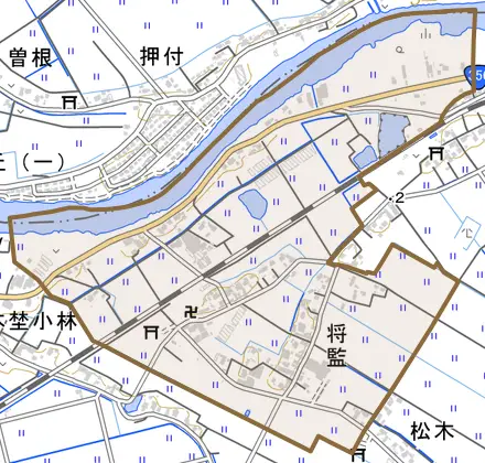 将監とその周辺の地図。町の範囲を重ねている