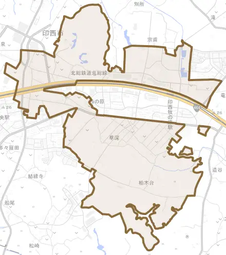 草深とその周辺の地図。町の範囲を重ねている