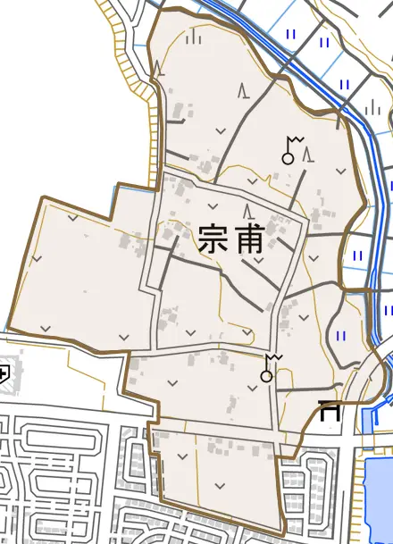 宗甫とその周辺の地図。町の範囲を重ねている