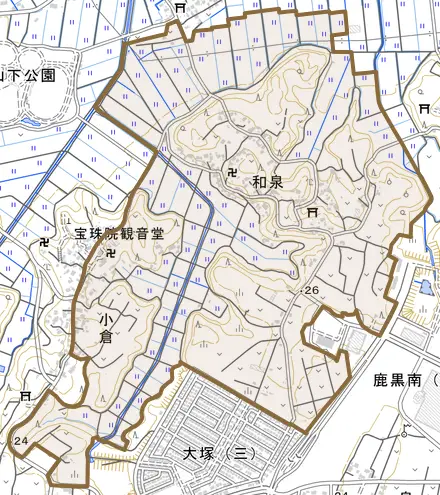 和泉とその周辺の地図。町の範囲を重ねている