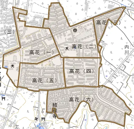 高花とその周辺の地図。町の範囲を重ねている