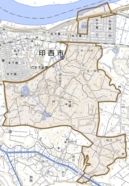 竹袋とその周辺の地図。町の範囲を重ねている