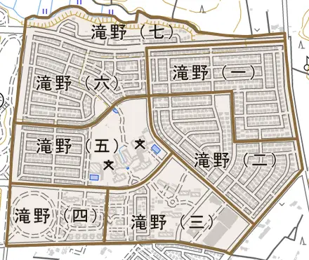 滝野とその周辺の地図。町の範囲を重ねている