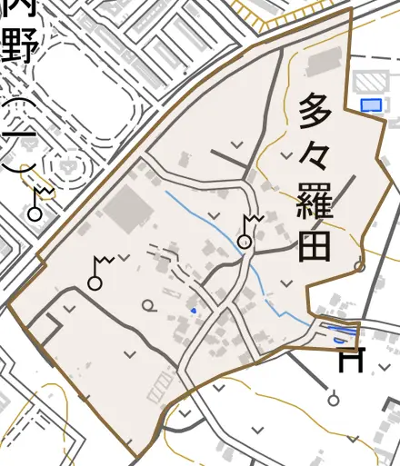 多々羅田とその周辺の地図。町の範囲を重ねている