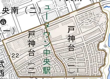 戸神台とその周辺の地図。町の範囲を重ねている