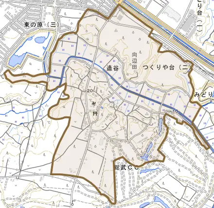 造谷とその周辺の地図。町の範囲を重ねている