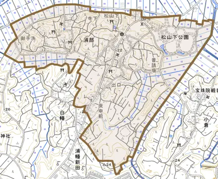 浦部とその周辺の地図。町の範囲を重ねている