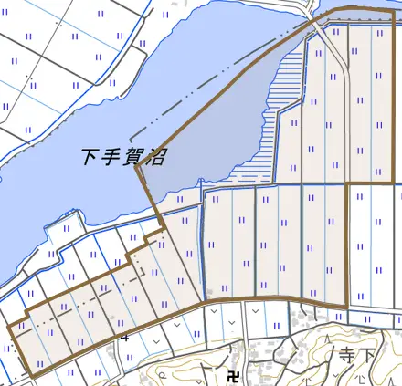 浦部村新田とその周辺の地図。町の範囲を重ねている