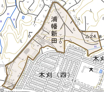浦幡新田とその周辺の地図。町の範囲を重ねている