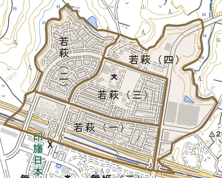 若萩とその周辺の地図。町の範囲を重ねている