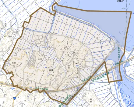 吉高とその周辺の地図。町の範囲を重ねている