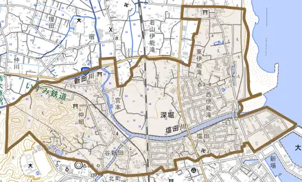 深堀とその周辺の地図。町の範囲を重ねている