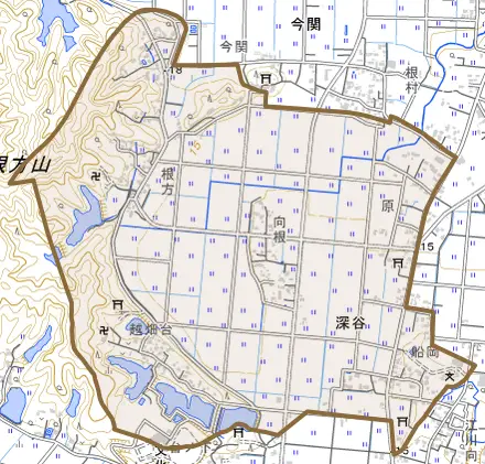 深谷とその周辺の地図。町の範囲を重ねている
