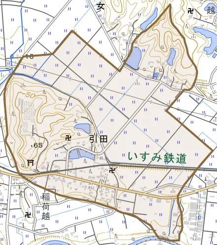 引田とその周辺の地図。町の範囲を重ねている
