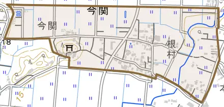 今関とその周辺の地図。町の範囲を重ねている