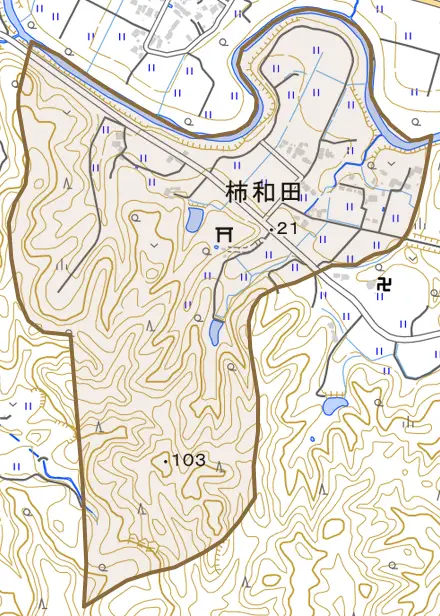柿和田とその周辺の地図。町の範囲を重ねている