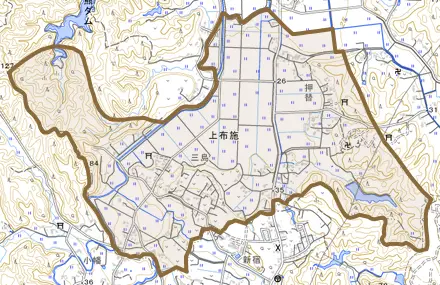 上布施とその周辺の地図。町の範囲を重ねている