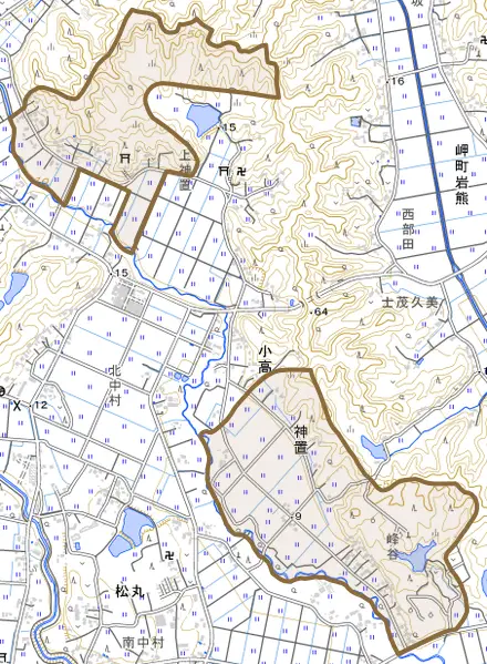 神置とその周辺の地図。町の範囲を重ねている