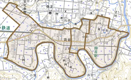 苅谷とその周辺の地図。町の範囲を重ねている