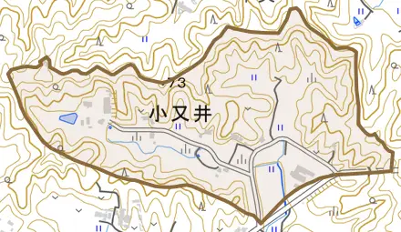 小又井とその周辺の地図。町の範囲を重ねている