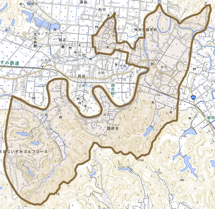 国府台とその周辺の地図。町の範囲を重ねている