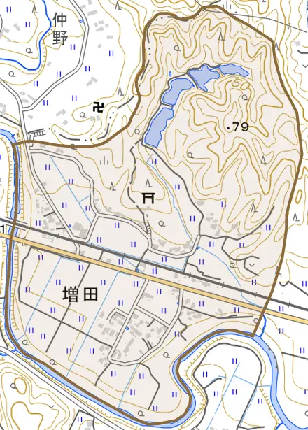 増田とその周辺の地図。町の範囲を重ねている