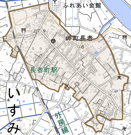 岬町長者とその周辺の地図。町の範囲を重ねている