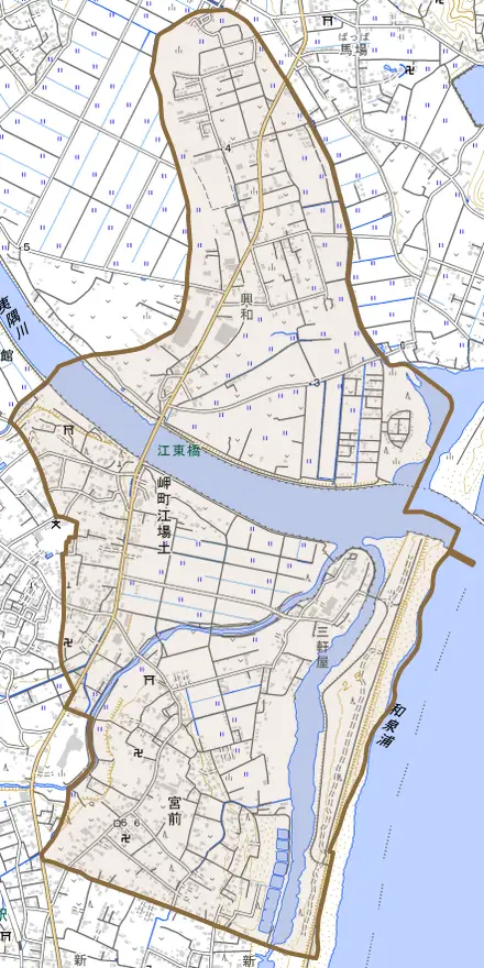 岬町江場土とその周辺の地図。町の範囲を重ねている