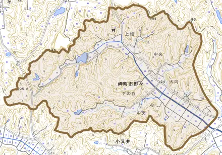岬町市野々とその周辺の地図。町の範囲を重ねている