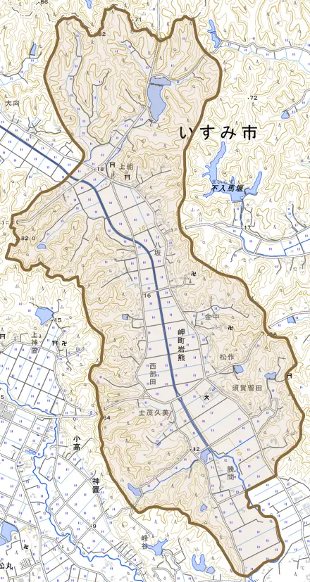 岬町岩熊とその周辺の地図。町の範囲を重ねている
