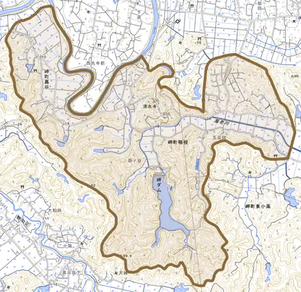 岬町嘉谷とその周辺の地図。町の範囲を重ねている