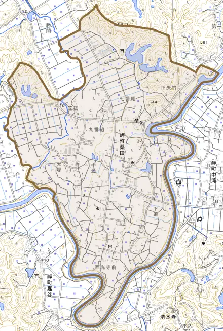 岬町桑田とその周辺の地図。町の範囲を重ねている
