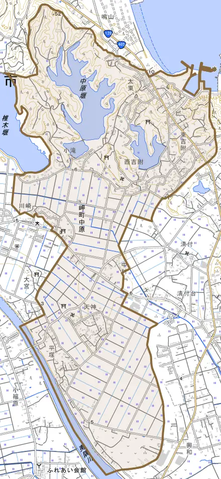岬町中原とその周辺の地図。町の範囲を重ねている
