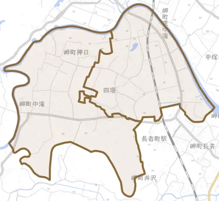 岬町押日とその周辺の地図。町の範囲を重ねている