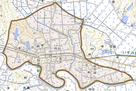 行川とその周辺の地図。町の範囲を重ねている