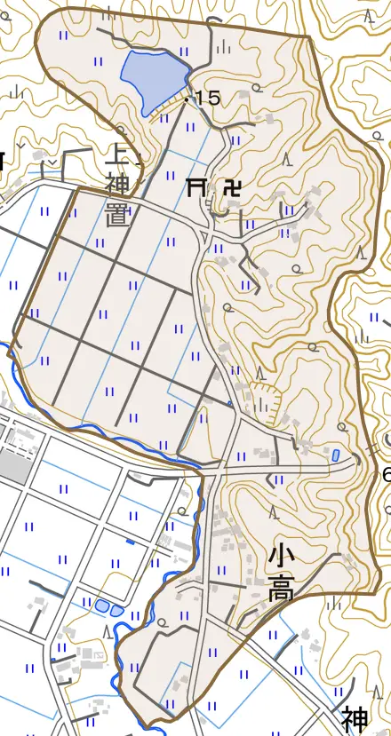 小高とその周辺の地図。町の範囲を重ねている