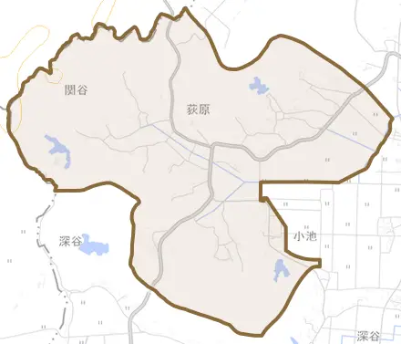 荻原とその周辺の地図。町の範囲を重ねている