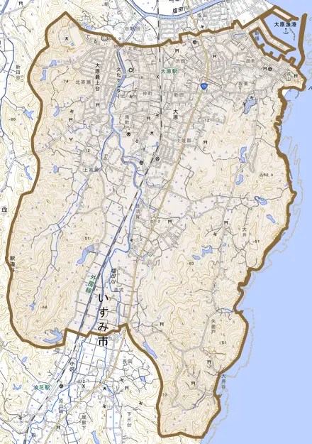 大原とその周辺の地図。町の範囲を重ねている