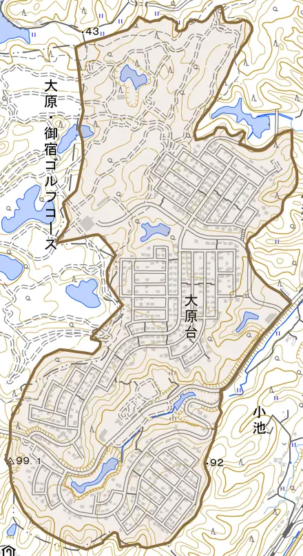 大原台とその周辺の地図。町の範囲を重ねている